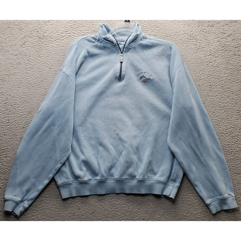 Tommy Bahama Sweater Mens LT Blue Embroidered Logo Knit Relaxed 1/4 Zip Pullover